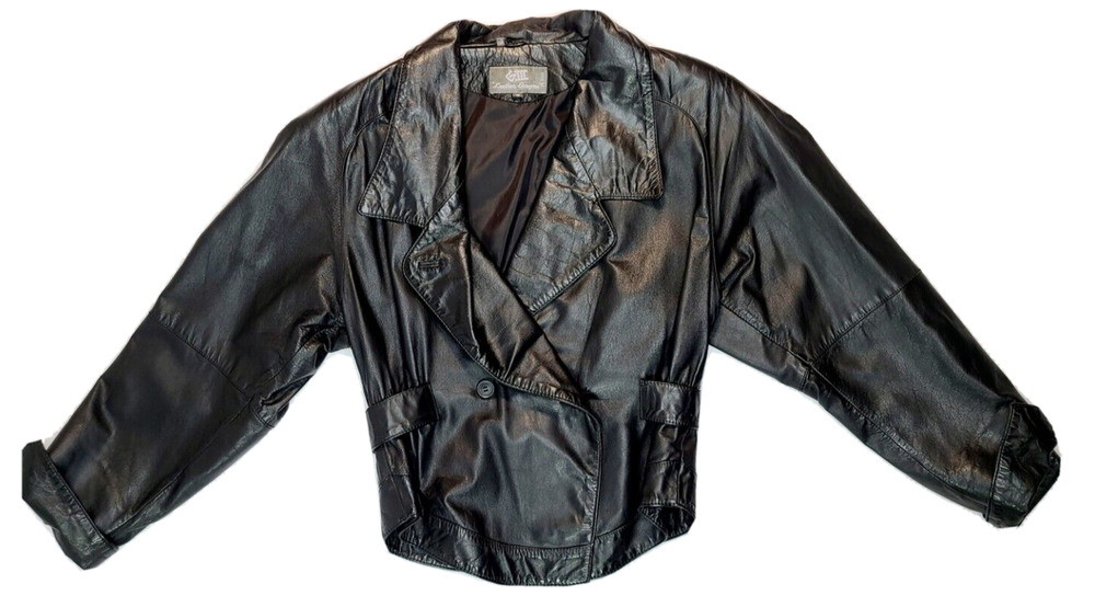 GIII Leather Designer Women's Waist Length Double Breasted Black Jacket Blazer S